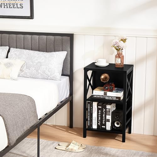 MNEETRUNG Small Bookcase,3 Tier Industrial Short Bookshelf with Metal Frame and Backboard,Low Black Bookshelf, Small Office Book Shelf for Small Spaces, Living Room, Bedroom and Home Office