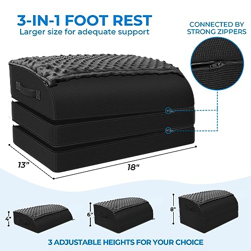 Foot Rest Under Desk for Office Use, Gel Memory Foam Foot Stool with 3 Adjustable Heights and Feet Warm Pocket for Back, Hip, Legs Discomfort Relief, Ergonomic Footrest for Office Chair & Gaming Chair