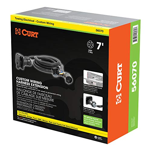 CURT 56070 7-Foot Vehicle-Side Truck Bed 7-Pin Trailer Wiring Harness Extension, Select Chevrolet, Dodge, Ford, GMC, Nissan, Ram, Toyota , black