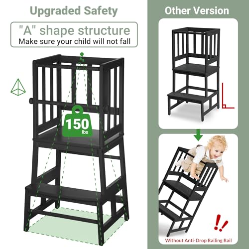 COSYLAND Kids Kitchen Step Stool Helper Baby and Toddler Multi-Function Step up Nursery Helper Stand with Safety Rail in Natural Bamboo, Strong and Lightweight (Black)