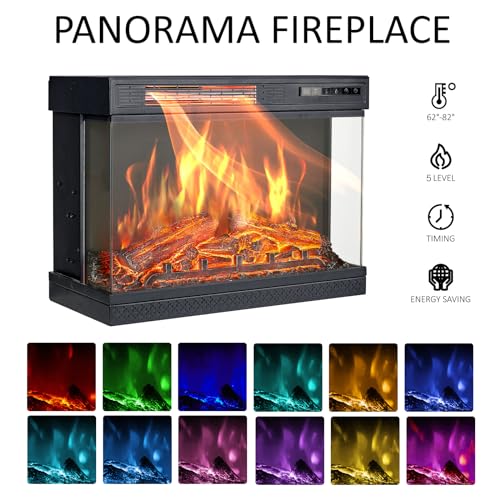 AMERLIFE 3-Sided Glass Fireplace TV Stand for TVs up to 65'', Media Entertainment Center Console Table with Door Closed Storage, Black