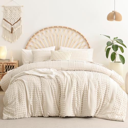 Litanika Emerald Green Comforter Queen Size, Boho Tufted Comforter with Dark Green Jacquard Pom Design, Dots Shabby Chic Bed Set, Lightweight 3 Pieces Bedding for All Season(90x90 Inches)