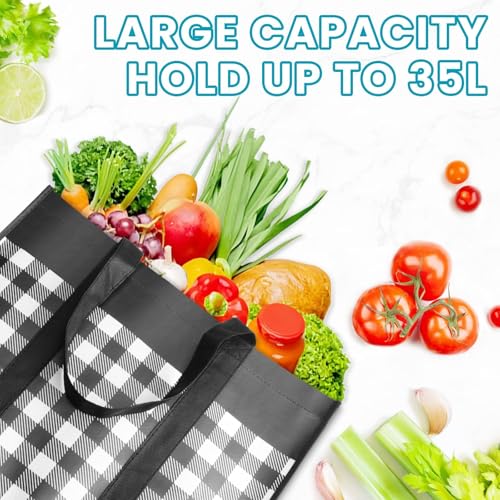WOWBOX Reusable Grocery Bags,4-Pack, Foldable Reusable Shopping Tote Bags bulk with Reinforced Handles,Large Storage Bags with Water Resistant Coating for Groceries,Multipurpose,Black-White