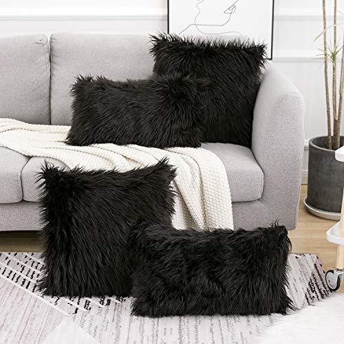WLNUI Set of 2 Black Decorative Pillow Covers New Luxury Series Merino Style Faux Fur Fluffy Throw Pillow Covers Square Fuzzy Cushion Case 20x20 Inch