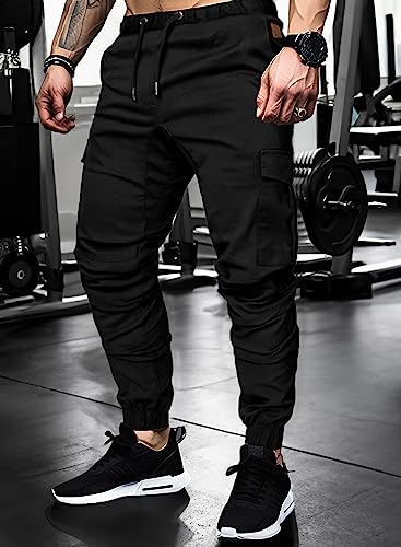 JMIERR Men's Fashion Cargo Pants - Casual Cotton Tapered Stretch Twill Chino Athletic Joggers Sweatpants Lightweight Drawstring Workout Trousers with Pockets for Men, US 34(M), 1 Black