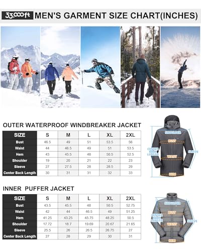 33,000ft Men's Waterproof 3-in-1 Ski Jacket, Warm Mountain Windbreaker Snow Rain Jackets Winter Coat with Puffer Jacket