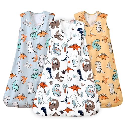 PHF Baby Sleep Sack 0-6 Months 3 Pack 100% Cotton Baby Wearable Blanket, 2-Way Zipper 0.5 TOG Toddler Sleeping Sack, Comfy Sleep Bag for Baby Boys Girls, Dinosaur (Small)