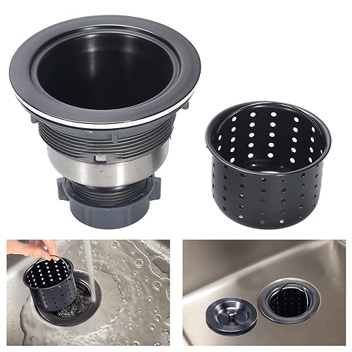 Kitchen Sink Drain 3-1/2 Inch Black Sink Drain Assembly Kit, Removable Deep Sink Strainer Basket with Sink Stopper/Sealing Lid for Home, Kitchen, Stainless Steel