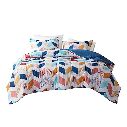 Comfort Spaces Kylar Cozy Comforter Set, Vibrant Chevron Ruching Design with Solid Reverse, All Season Down Alternative Bedding with Matching Sham, Twin/Twin XL (66 in x 90 in), Multi/Aqua 2 Piece