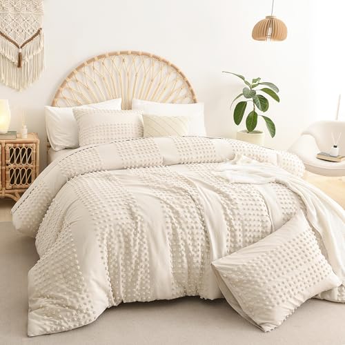 Litanika Emerald Green Comforter Queen Size, Boho Tufted Comforter with Dark Green Jacquard Pom Design, Dots Shabby Chic Bed Set, Lightweight 3 Pieces Bedding for All Season(90x90 Inches)
