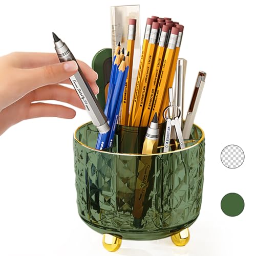 GOTOBA Dark Green Pen Pencil Holder for Desk, 360° Rotating Pen Organizer, Green Office Supplies, Cute Pen Holder, 6-Compartment Pencil Holder Rotating