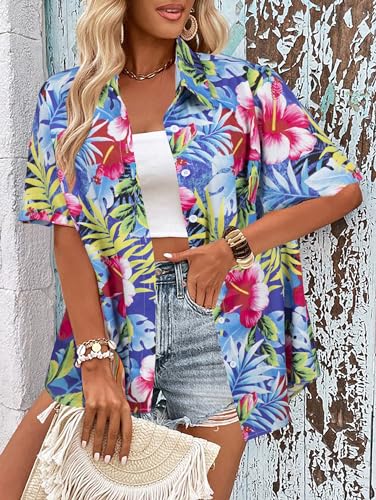 Hawaiian Shirts for Women Tropical Floral Printed Hawaii Shirts Button Down V Neck Short Sleeve Blouses Tops Blue