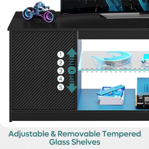 Bestier LED TV Stand with Power Outlets for 55/60/65 Inch TV, Gaming Entertainment Center with Cabinet for PS5, Modern TV Cabinet with Adjustable Glass Shelves for Living Room, Bedroom 58 Inch,Black