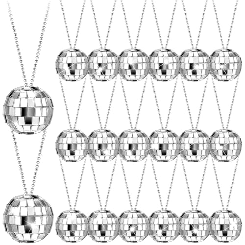 Sureio 20 Pcs Mirror Disco Ball Necklaces Silver Hanging Balls Ornament 70s Disco Party Necklaces Mini 70s Jewelry Party Favor Decoration Costume Accessories for Dance Supplies(0.79 Inch)