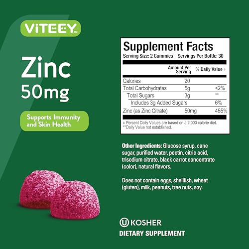VITEEY Zinc Gummies Adult & Teens - 50mg - Immune Health Support & Antioxidant Support - Vitamin Zinc Supplement - Vegan, Gelatin Free, GMO Free - Tasty Chewable Berry Flavored Gummy