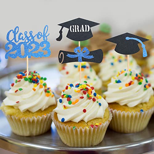 24Pcs 2023 Graduation Cupcake Toppers Gold Glitter 2023 Grad Cap Cupcake Picks Cake Decorations Graduation Theme Party Supplies