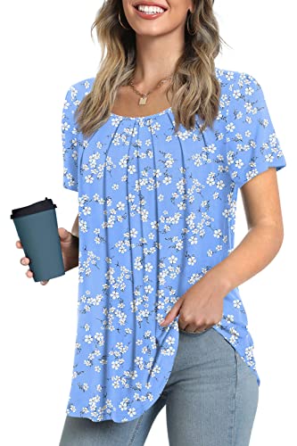 Anymeet Woman's Spring Tunic Tops Short Sleeve Casual Tee Shirt Pleated Hide Belly Blouse for Leggings Plus Size Navy Flowers 2X-Large