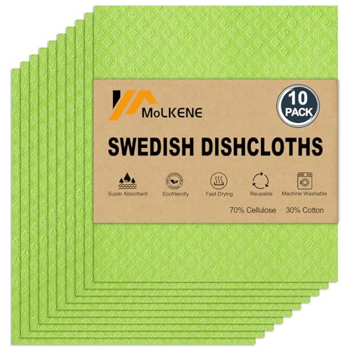 MoLKENE Swedish Dishcloths for Kitchen | 6 Pack Absorbent Cellulose Sponge Cloths Washable | Non-Scratch Reusable Paper Towels Quick Drying Cleaning Cloths - Green