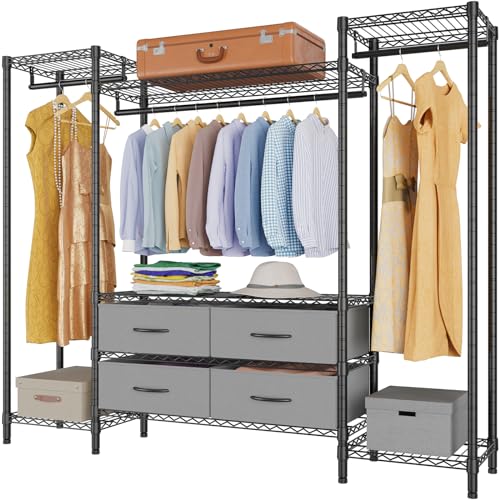 VIPEK V20i Wire Garment Rack Heavy Duty Clothes Rack Metal Clothing Rack with Adjustable Shelves, 3 Hanging Rods, 4 Storage Drawers, Freestanding Closet Storage Organizer, Black
