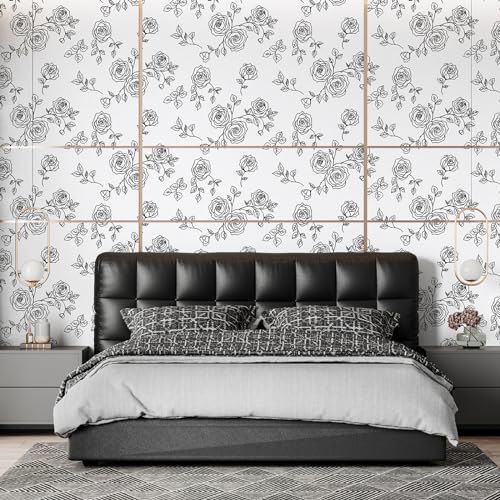 Qianglive Peel and Stick Floral Wallpaper White and Black Vinyl 17.3"×80" Contact Paper Waterproof for Cabinets liveroom Bedroom