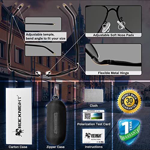 ROCKNIGHT Aviator Sunglasses for Men Polarized UV Protection Metal Frame Flat Top Sunglasses Black Grey Lens Lightweight Outdoors