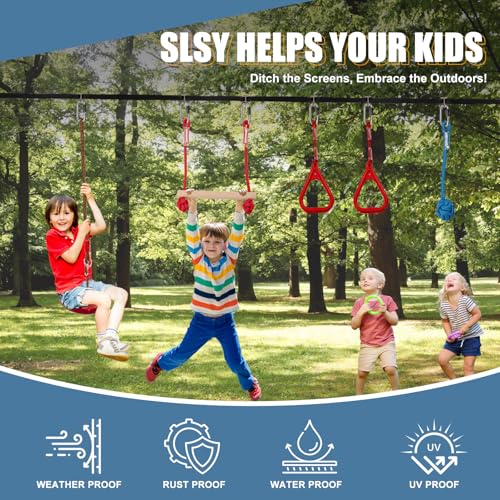 Slsy Ninja Warrior Obstacle Course for Kids, 50FT Durable Ninja Slackline Kit with 8 Complete Accessories, Playset Equipment with Swing, Climbing Net, Ladder & Monkey Bars (8 Obstacles)