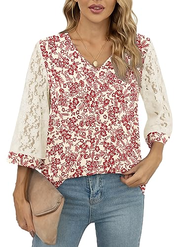QUEZHU Blouses for Women 3/4 Sleeve V Neck Business Casual Blouse Elegant Dressy Chiffon Work Blouse,Floral White,Small