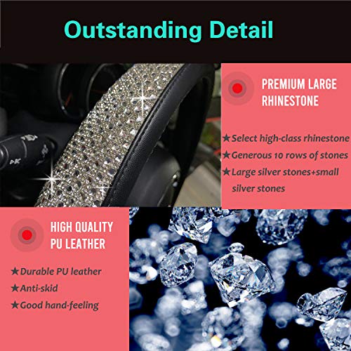 PINCTROT Bling Bling Comfy Steering Wheel Cover with Jumbo Crystal Rhinestones, Anti-Slip Diamond Leather, Universal 15 Inch (Silver)