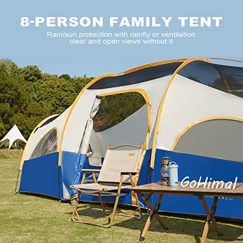 GoHimal 8 Person Tent for Camping, Waterproof Windproof Family Tent with Rainfly, Divided Curtain Design for Privacy Space, Portable with Carry Bag