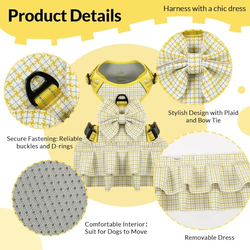ASENKU Plaid Dog Dress Harness Leash Set, Bow Tie Dress Harness Leash Set for Small Medium Dog Cats Girl Chihuahua Yorkies Pet Outfits
