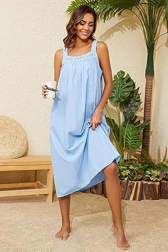 YOZLY Cotton Nightgowns for Women Embroidery Sleeveless Night Gown with Pockets S-3XL, Green Long Sleeve, Small