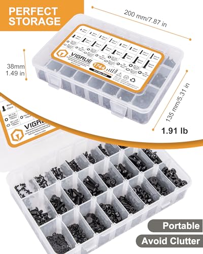 VIGRUE 1744PCS M2 M3 M4 M5 Hex Button Head Cap Screw Bolts and Nuts Kit, Upgraded Zinc Plated 10.9 Alloy Steel Nuts and Bolts Assortment Kit Metric Machine Screws