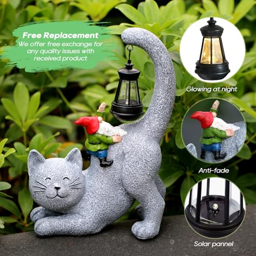 Snowrabbit Cat Statue Garden Decor with LED Lantern, Solar Cat Figurine for Outside -11" Tall Resin Kitten Yard Art Gifts for Mom,Birthday Gift for Women,Cat Statues for Garden,Patio,Yard Decoration