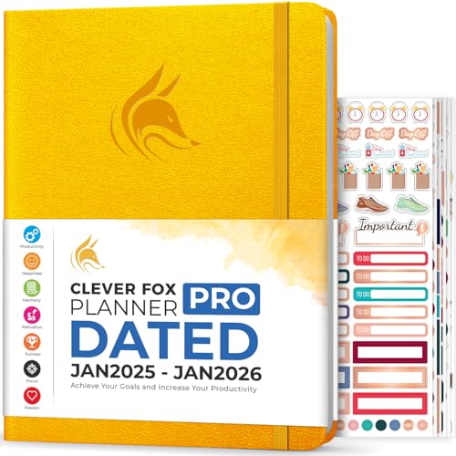 Clever Fox Planner PRO Dated (Jan 2025–Jan 2026) Weekly & Monthly Life Planner to Increase Productivity, Time Management and Hit Your Goals – Organizer, Gratitude Journal – A4 Size (Amber Yellow)