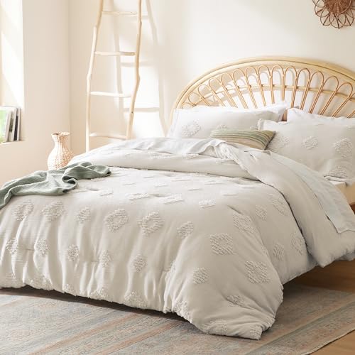Bedsure Twin/Twin XL Comforter Set White, Boho Bedding Comforter Set, Tufted Farmhouse Bed Set, 2 Pieces, 1 Shabby Chic Fluffy Comforter and 1 Pillow Sham,with Jacquard Diamond Pattern