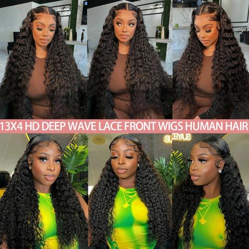 Honxixi Deep Wave Lace Front Wigs Human Hair HD 13x4 Transparent Glueless Deep Curly Lace Frontal Wigs for Women Human Hair Pre Plucked with Baby Hair 180% Density Natural Color (20 inch)