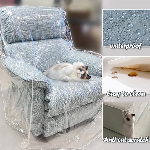 Swanna Plastic Recliner Furniture Cover – Clear Moving Bag for Couch, Heavy Duty Waterproof Cover Pets | Cat Scratching Protector,Plastic Chair Cover 42" BH x 25" AH x 36”W x 40”D (Armchair-1 Pack)