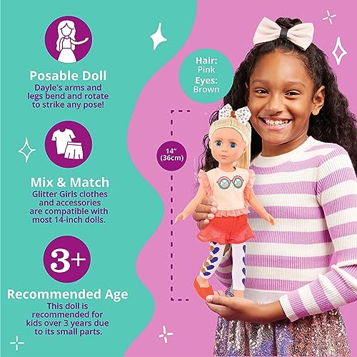 Glitter Girls – 14-inch Fashion Doll – Blonde Hair & Blue Eyes – Sunglasses Top, Heart Leggings & Hair Bow – Poseable Arms & Legs – 3 Years + – Dayle