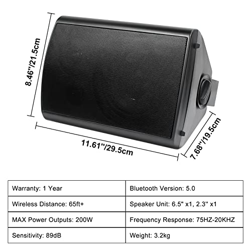 Herdio 6.5 inch 800W Outdoor Bluetooth Speakers Waterproof Wall Mounted Sound System with Multifunctional Amplifier, Powerful Bass & Stereo Sound, Easy to Install, for Patio Deck Porch (2 Pairs Black)