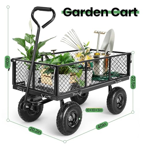 Homdox MAX 660LB Garden Cart, Heavy Duty Garden Wagon, Mesh Foldable Garden Cart, Pullable Garden Wagon with 180ยฐ Rotating Handle, Collapsible Garden Cart for Yard Garden Beach Farm, Black