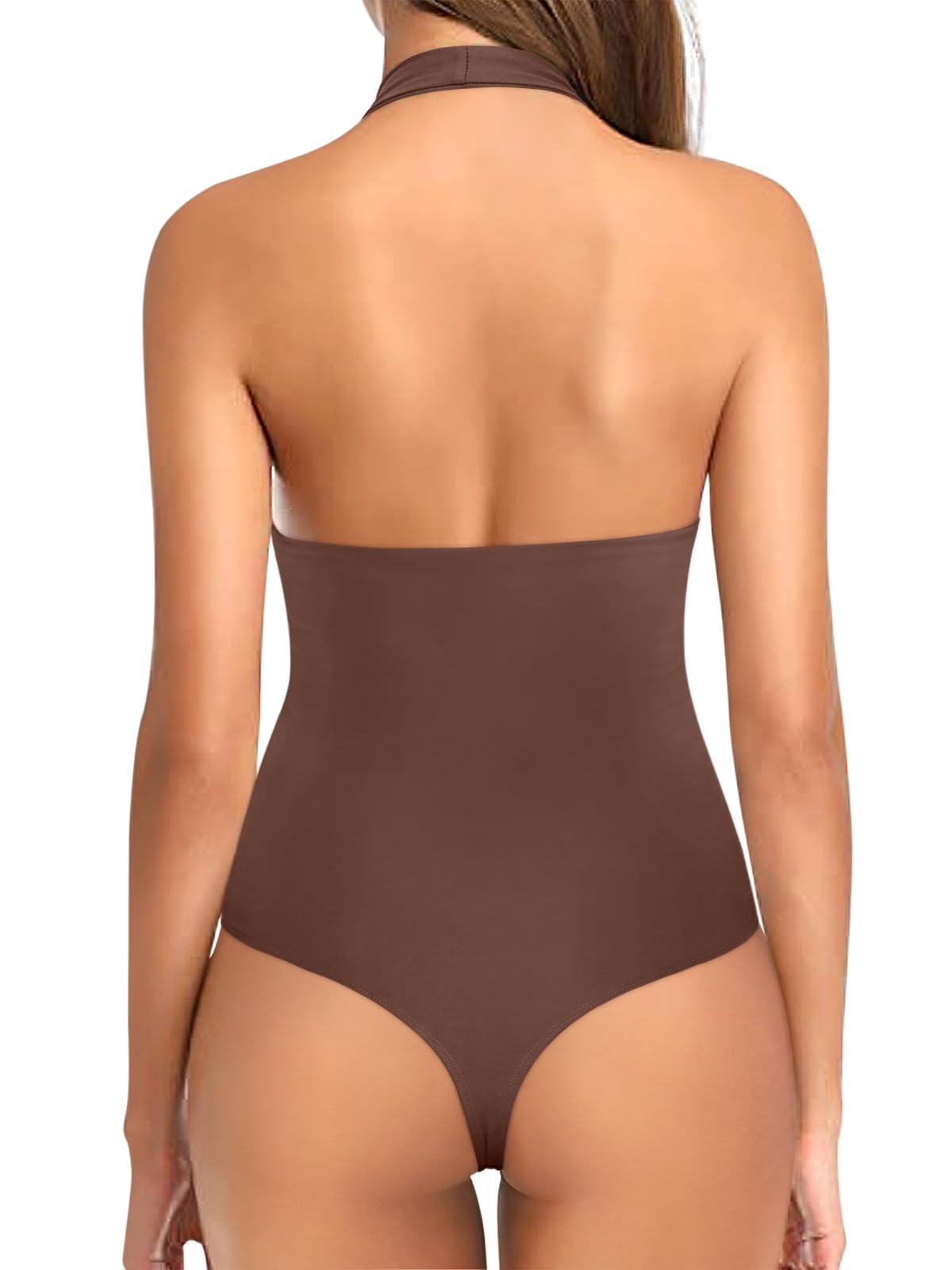 REORIA Bodysuits for Women Halter Tops 2025 Summer V Neck Backless Body Suits Tank Top Trendy Fashion Clothing Coffee X-Large