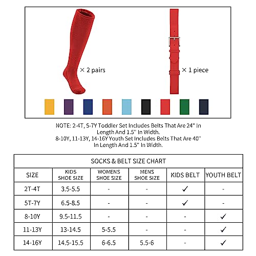 QBK Toddler Baseball Socks And Belt Youth Softball Tee Ball Combo Set for Boy Girl (2 Pairs of Socks & 1 Belt)(LIGHT PINK,5-7Y)