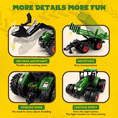 Uarzt Remote Control Tractor Toy, Kids RC Tractor Set & Truck and Trailer Front Loader - Metal Car Head/8 Wheel/Light, Toddlers Farm Vehicle Toys for 3 4 5 6 7 8 9 Year Old Boys Girls Birthday Gift