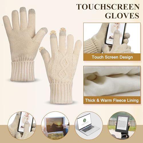 Hat Gloves Scarf Set for Women, Winter Beanie Warm Knit Pom Hat Touch Screen Glove Long Scarf 3pcs Winter Gift Set for Women