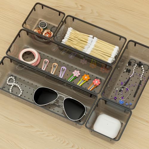 WOWBOX 6 Pack Clear Drawer Organizer Set, Acrylic Drawer Storage Trays, Storage Bins for Makeup, Cosmetics, Jewelries, Utensils, Gadgets, Office, Black