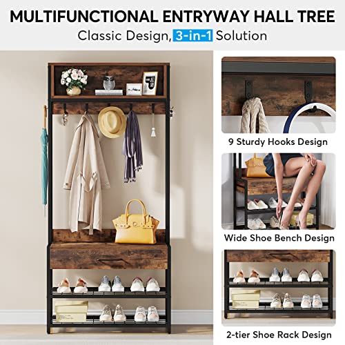 Tribesigns 3-in-1 Entryway Hall Tree with Drawer, Vintage Industrial Coat Rack with Shoe Bench and Hutch, Mudroom Bench with Shoe Storage Rack and 9 Hooks for Living Room Bedroom (Brown)