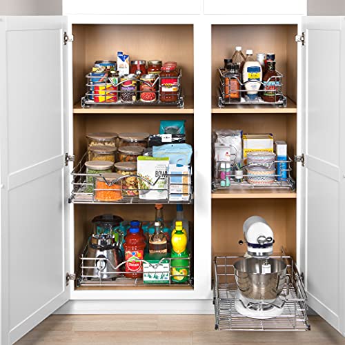HOLD N’ STORAGE Heavy-Duty Premium Collection Pull Out Cabinet Organizer - Pantry Drawer Slide Out Caddy -Lifetime Limited Warranty - Basket Size 11" W x 21" D x 5" H, Anti-Rust Chrome Finish