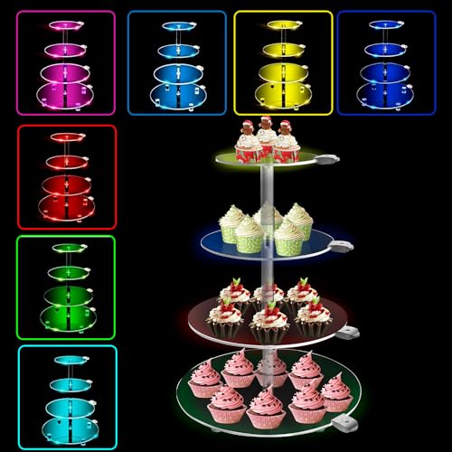 YLSMILE 4 Tier Round Cupcake Stand with LED, Acrylic Tower Display, Premium Holder Dessert Tree Tower for Wedding Birthday Baby Shower Tea Party (1pcs)