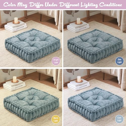 Intelligent Design Loretta Chenille Round Floor Pillow Meditation Cushion, Soft Color & Natural Luster Button Tufted with Elegant Pleated Details, Dia 22"x6"H, Aqua