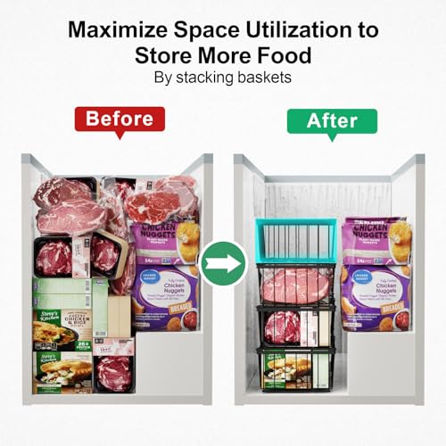 iSPECLE Freezer Organizer Bins - 4 Pack Stackable Chest Freezer Organizer for 5 Cu.FT Deep Freezer Sort Frozen Food, Deep Freezer Organizer Bins Get Food Easily with Handle Add Storage Space, Black
